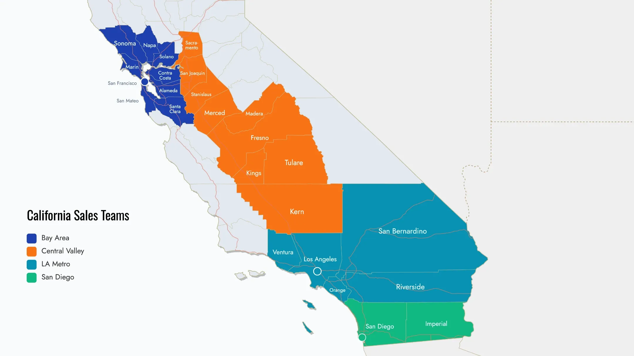 California county map with four sales team territories covering Bay Area, LA, Central Valley, and San Diego